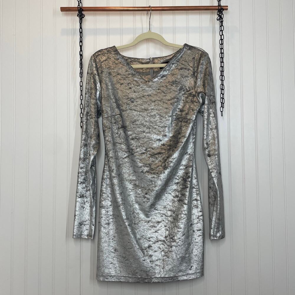 Angela Dean Women’s Crushed Velvet Silver V-Neck Mini Bodycon Dress Size M